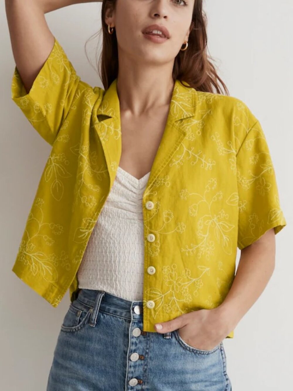 Madewell Embroidered Linen Blend Resort Crop Shirt Gilded Chartreuse S